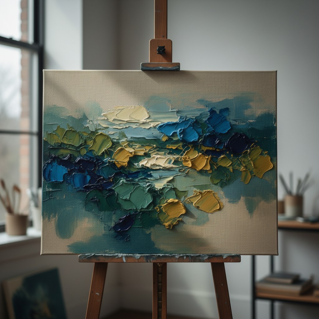 Abstract artwork on an easel. Generative AI model.