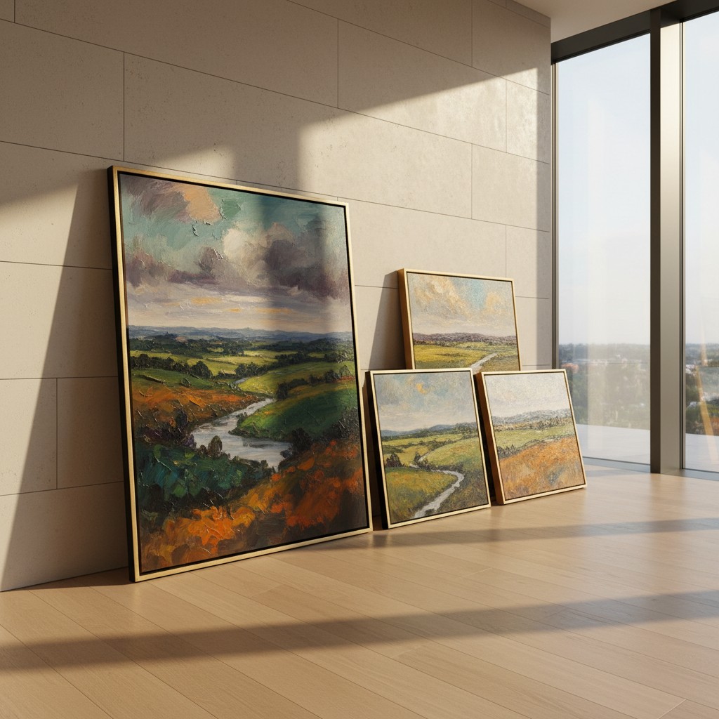 fine art landscape paintings leaning against wall.