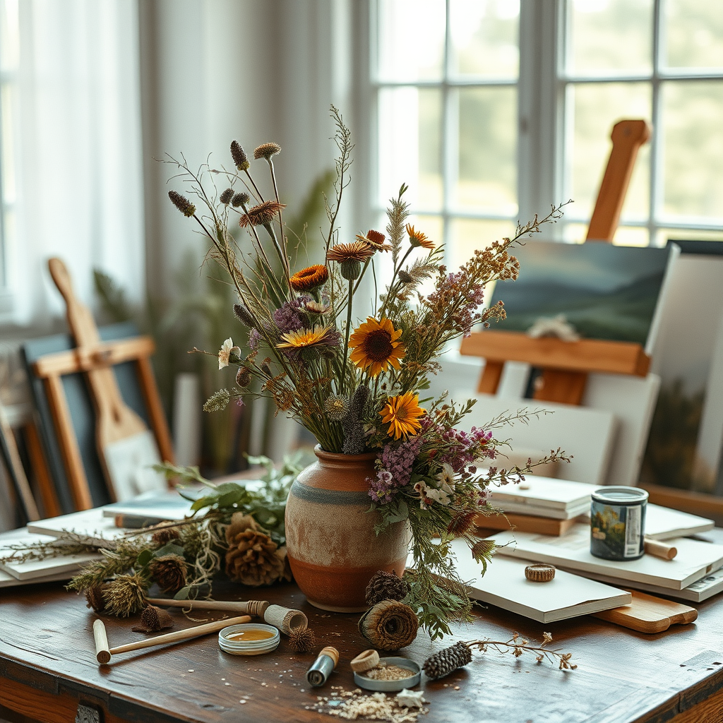 Clay Vase Filled with Seasonal Flowers and Plant Pieces in an Unoccupied Painter's Workshop or Studio